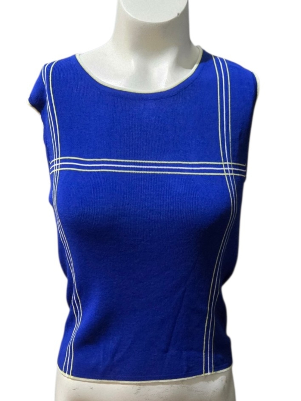 Finity Sleeveless Knit Sweater Top Blue White Trim Stretch Size L